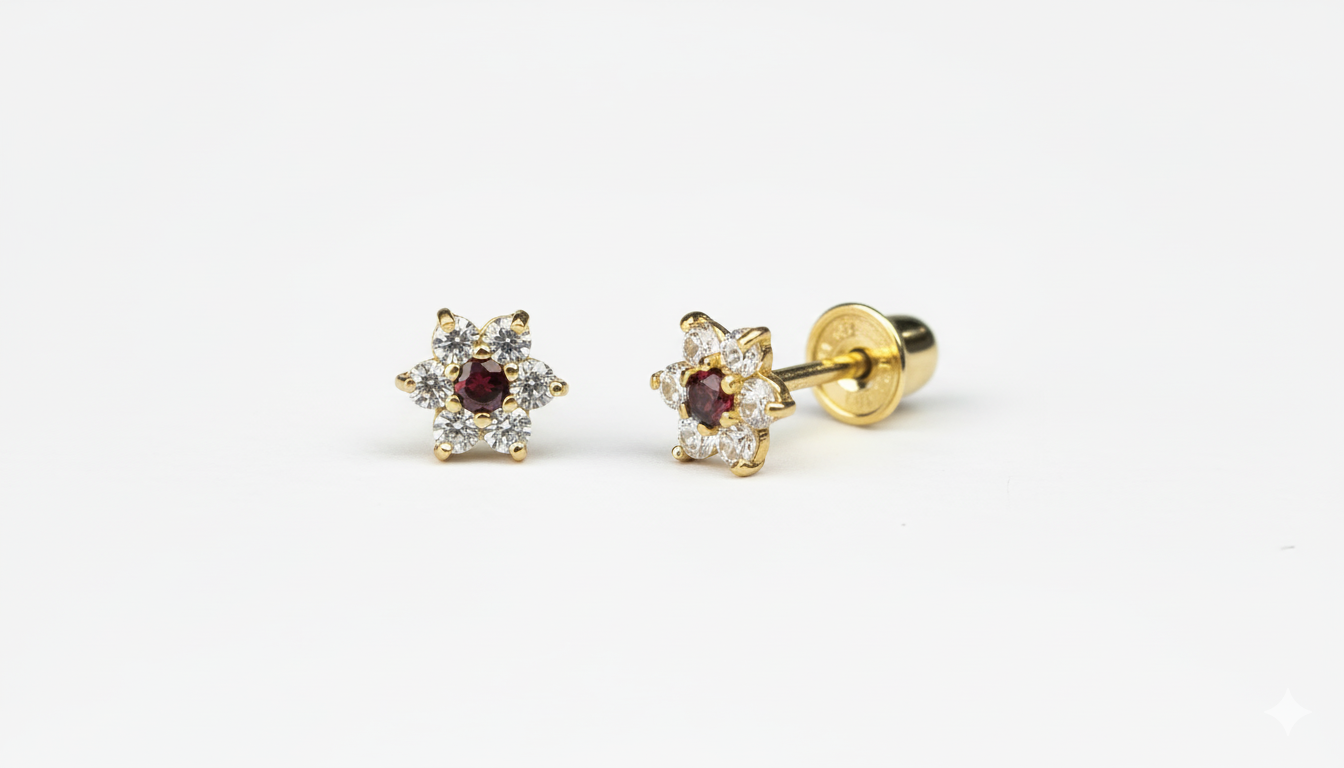 14K Yellow Gold Classic Flower CZ  Stud Earrings for Women