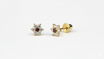 14K Yellow Gold Classic Flower CZ  Stud Earrings for Women