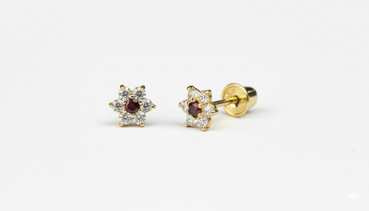14K Yellow Gold Classic Flower CZ  Stud Earrings for Women