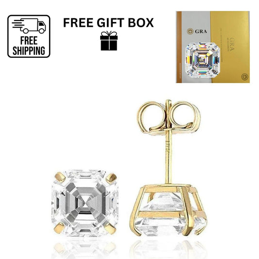 14K Gold GRA Certified D-VVS1 Asscher Moissanite Push Back Studs Earrings