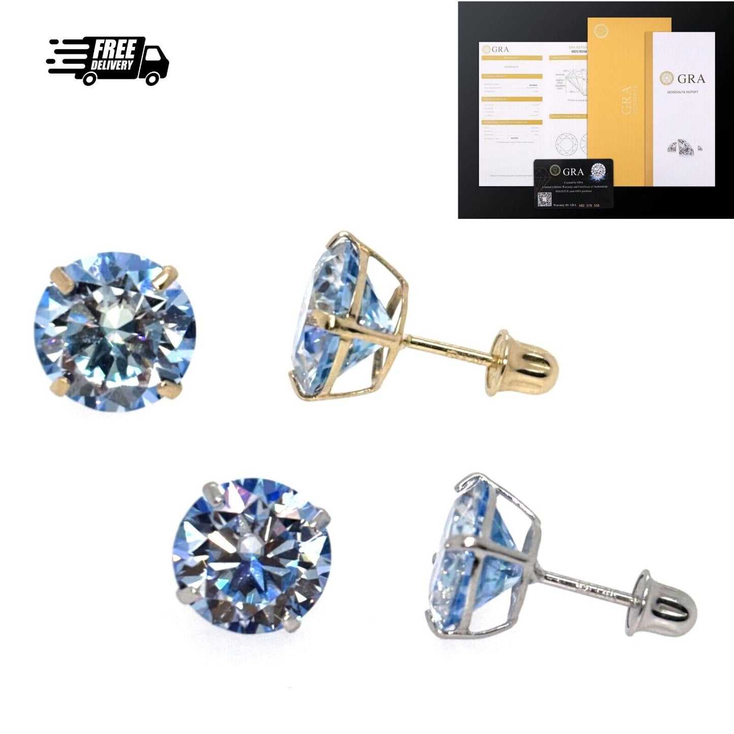 14K Gold GRA Certified D-VVS1 Ocean Blue Moissanite Screw Back Studs Earrings