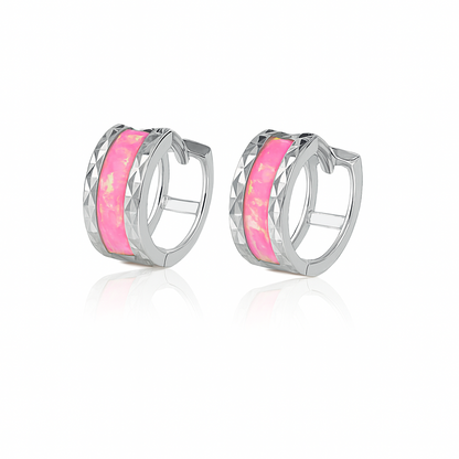 14k White Gold Hot Pink Opal Huggie Hoop Earrings