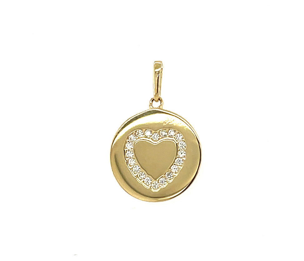 14k Yellow/ White/ Rose Gold Disc Heart CZ Pendant