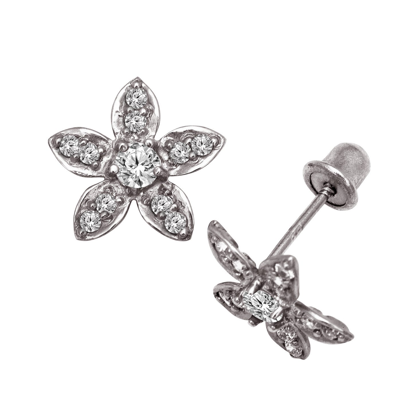 14k Yellow or White Gold CZ Flower Birthstone Stud Screw Back Earrings