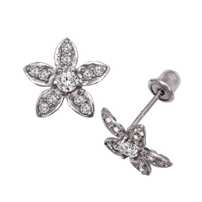 14k Yellow or White Gold CZ Flower Birthstone Stud Screw Back Earrings