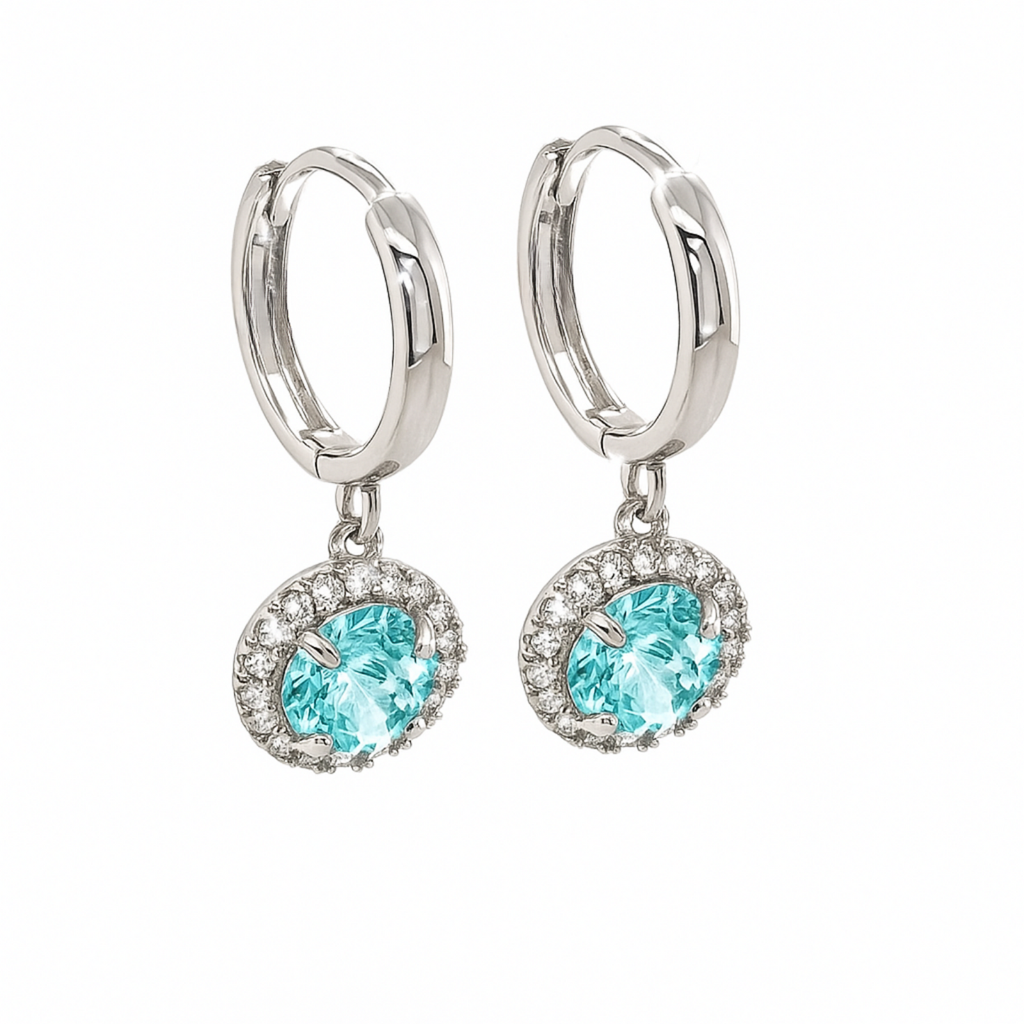 14k White Gold Halo Round Shaped pretty Birthstone Huggie Earrings for Women