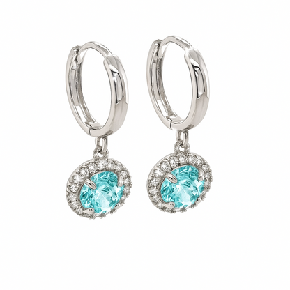14k White Gold Halo Round Shaped pretty Birthstone Huggie Earrings for Women