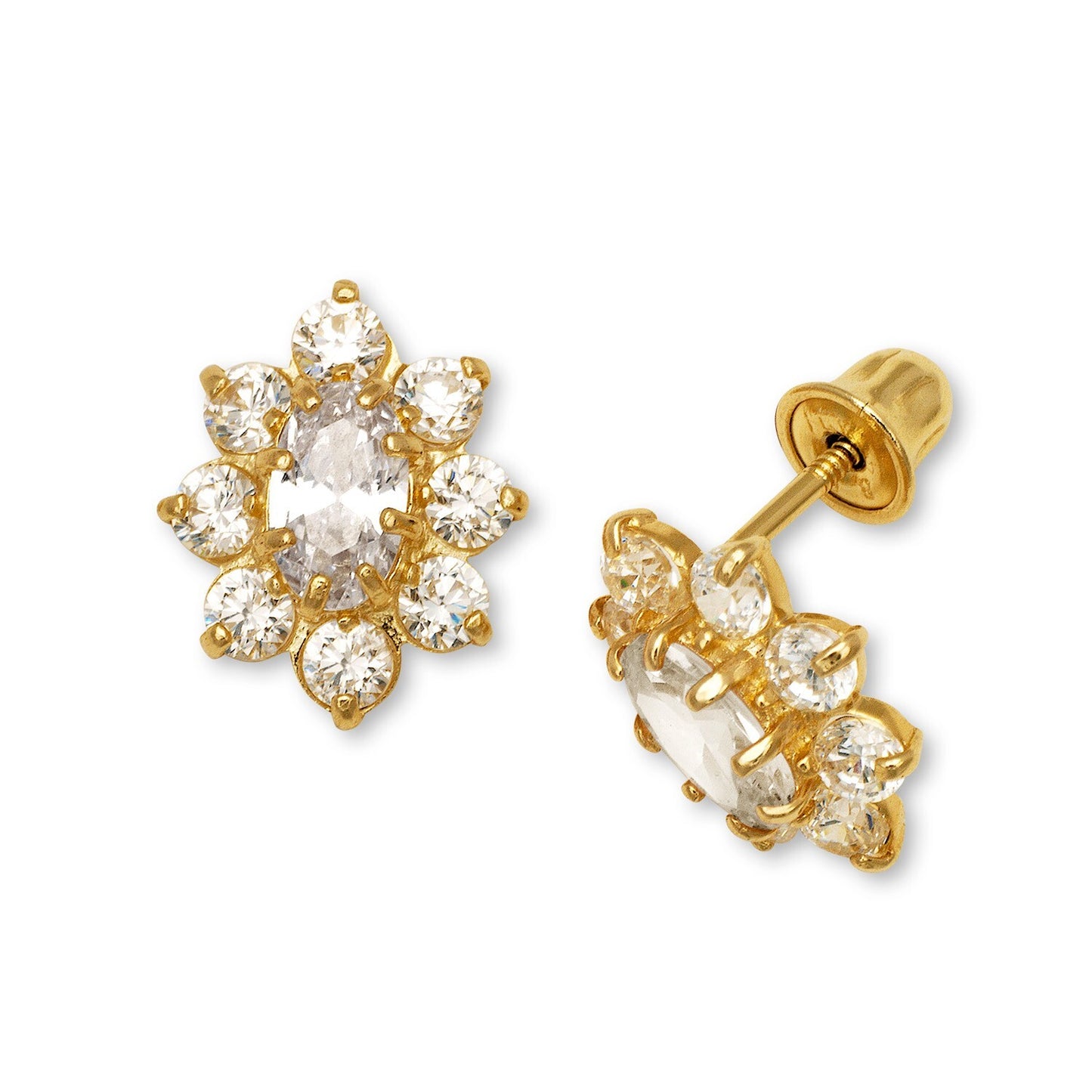 14K Yellow & White Gold CZ Flower Stud Screw Back Earrings for Women