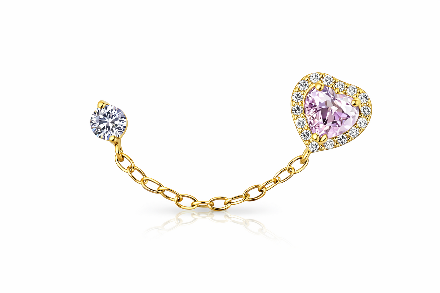 14k Yellow Gold Halo Heart CZ Stud Earrings with chain Push back
