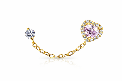 14k Yellow Gold Halo Heart CZ Stud Earrings with chain Push back