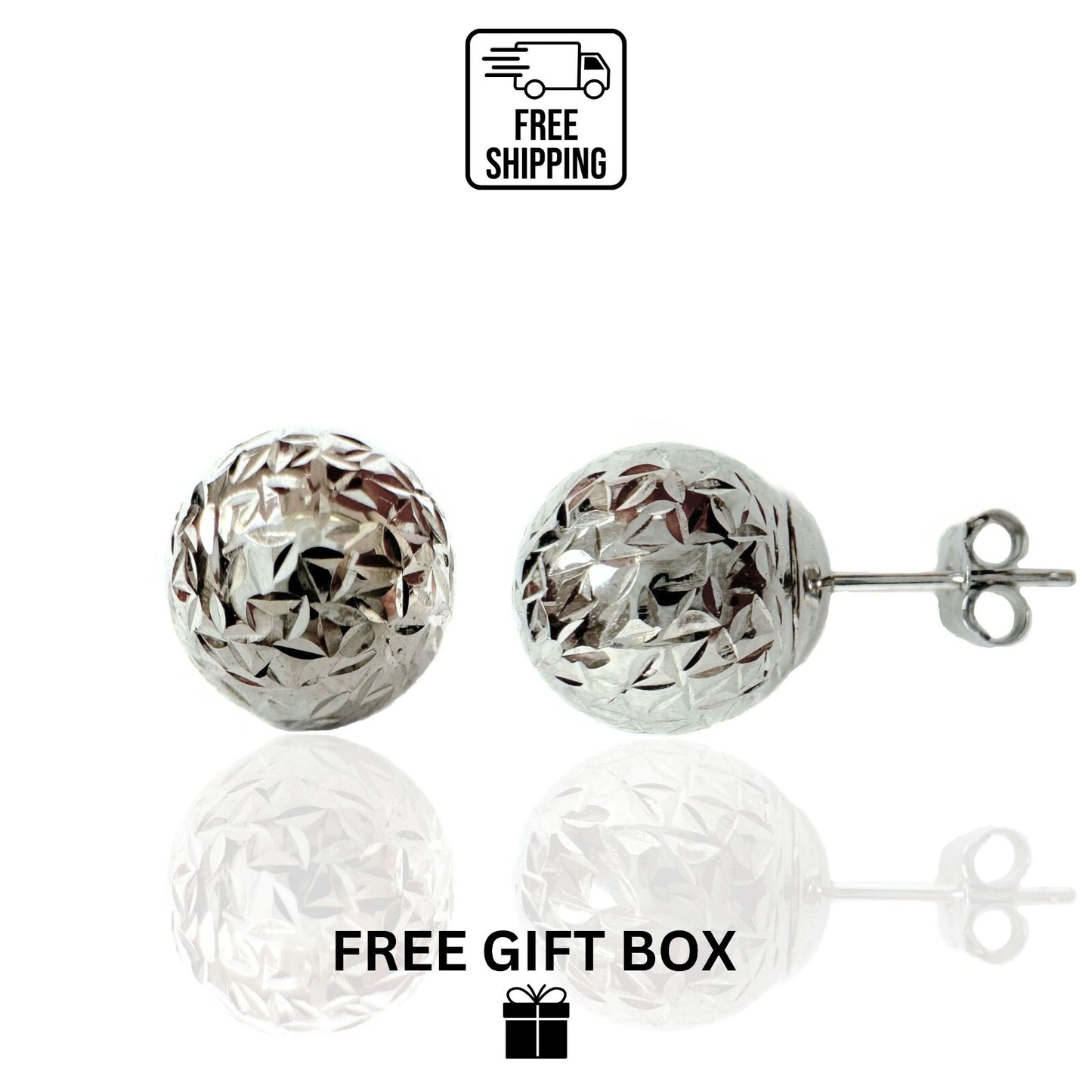 14k White Gold Pretty Crystal Cut Ball Stud Earrings for Women