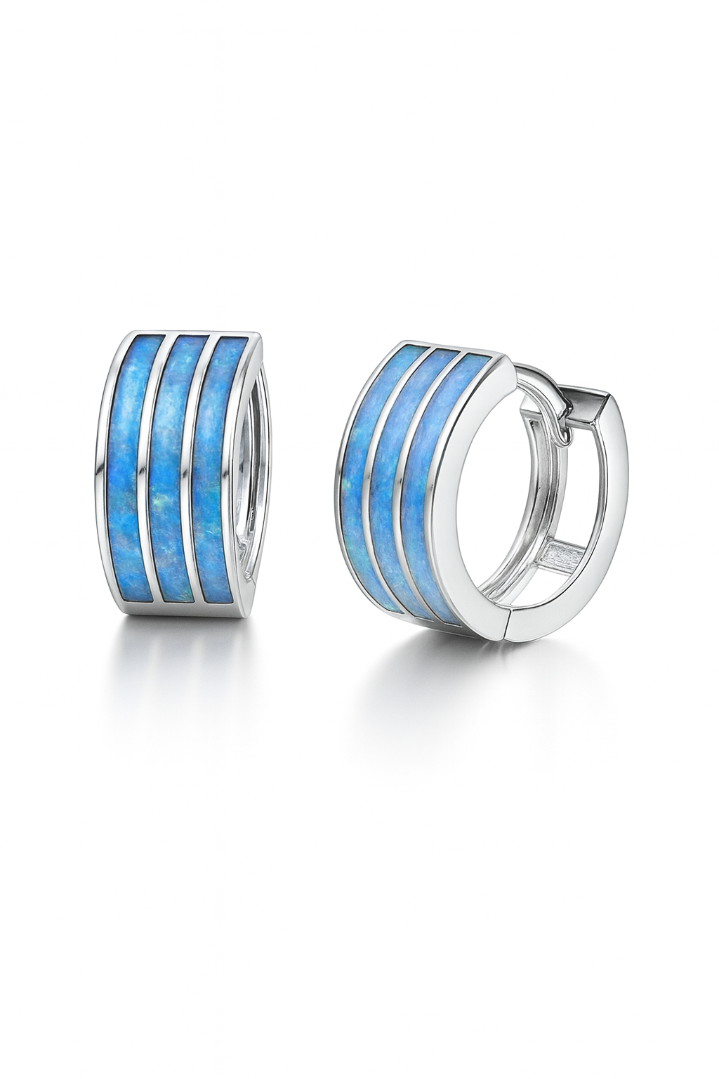 14k White Gold Triple Row Light Blue Opal Huggie Hoop Earrings