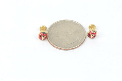 14k Yellow Gold Red and Black Enamel Lady Bug Baby earrings, Screw Back