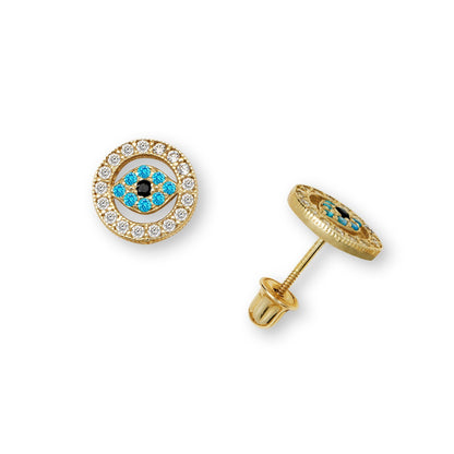 14K Yellow & White Gold Evil Eye CZ Stud Earring for Women