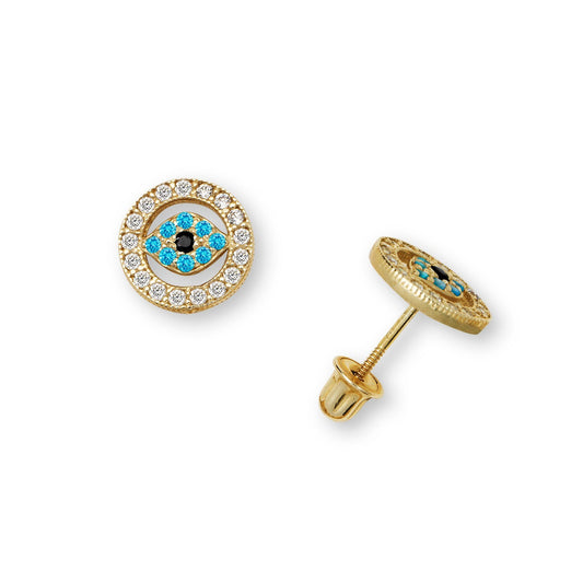 14K Yellow & White Gold Evil Eye CZ Stud Earring for Women