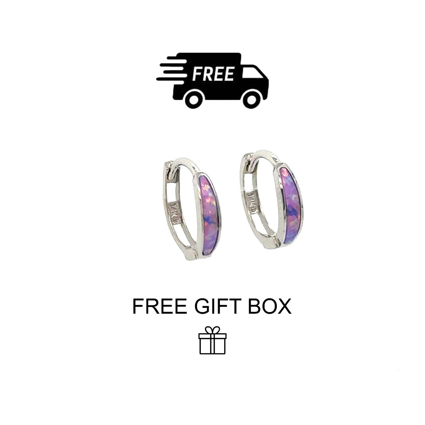 14k White Gold Purple Opal Huggie Hoop Earrings