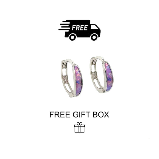 14k White Gold Purple Opal Huggie Hoop Earrings
