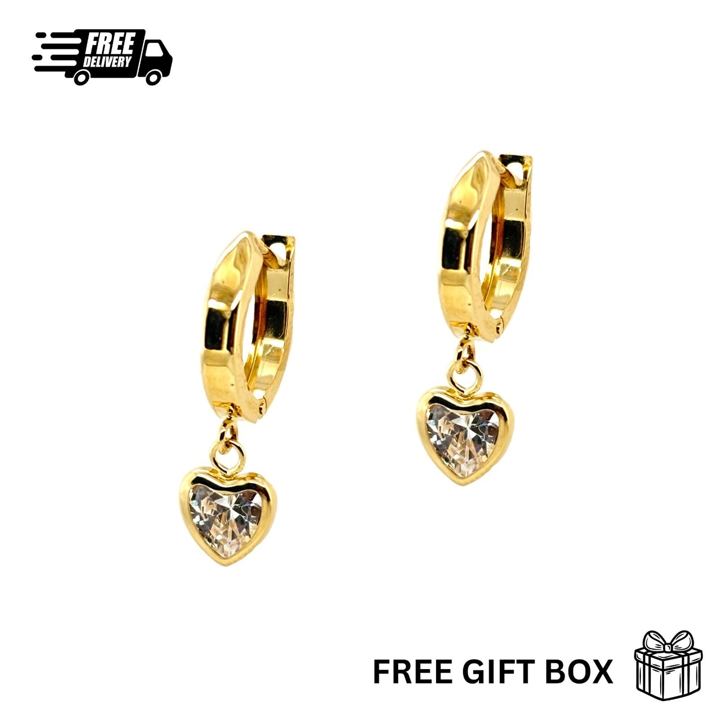 14k Yellow Gold Heart Huggie Dangle Earrings