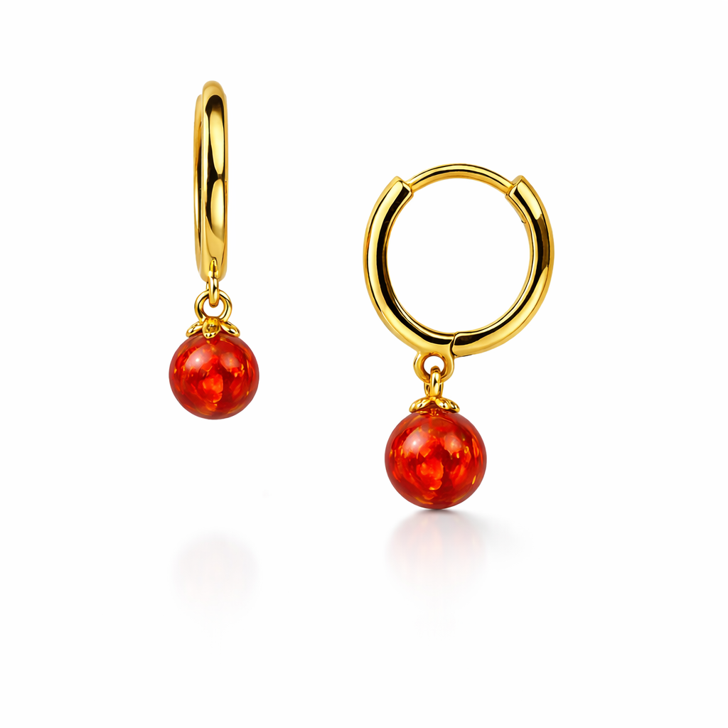 14k Yellow / White Gold Orange Opal Huggie Dangle Earrings