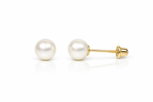 14K YELLOW GOLD ROUND GENUINE WHITE PEARL STUD EARRINGS SCREW BACKS