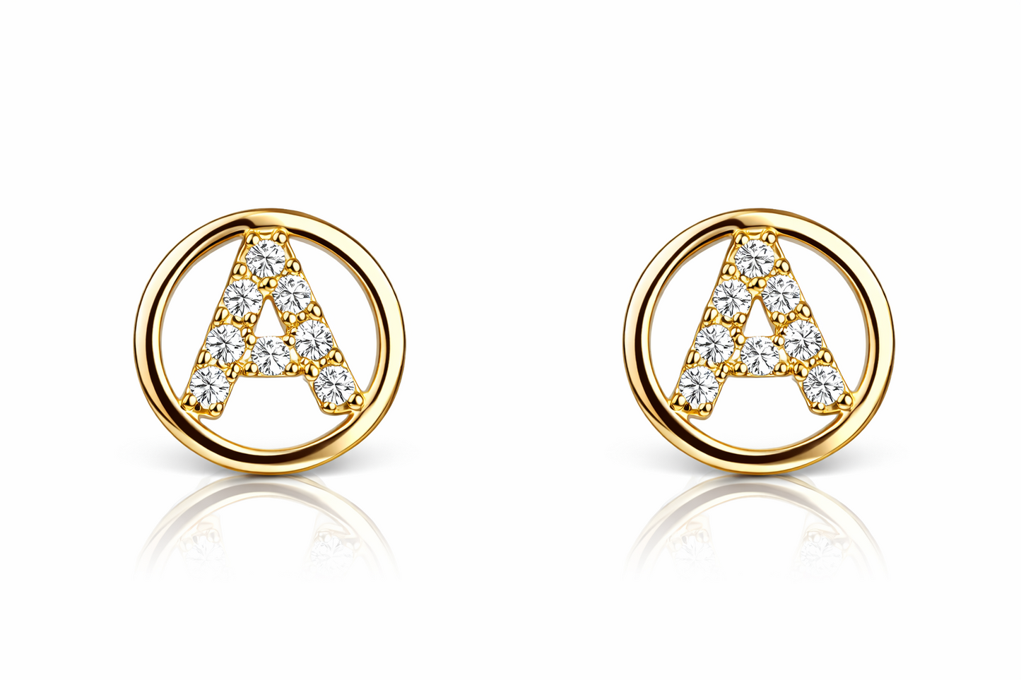 14k Yellow or White Gold Round Initial Letters CZ Stud Earrings