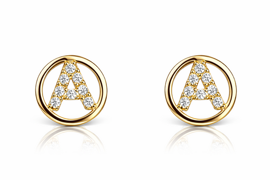 14k Yellow or White Gold Round Initial Letters CZ Stud Earrings