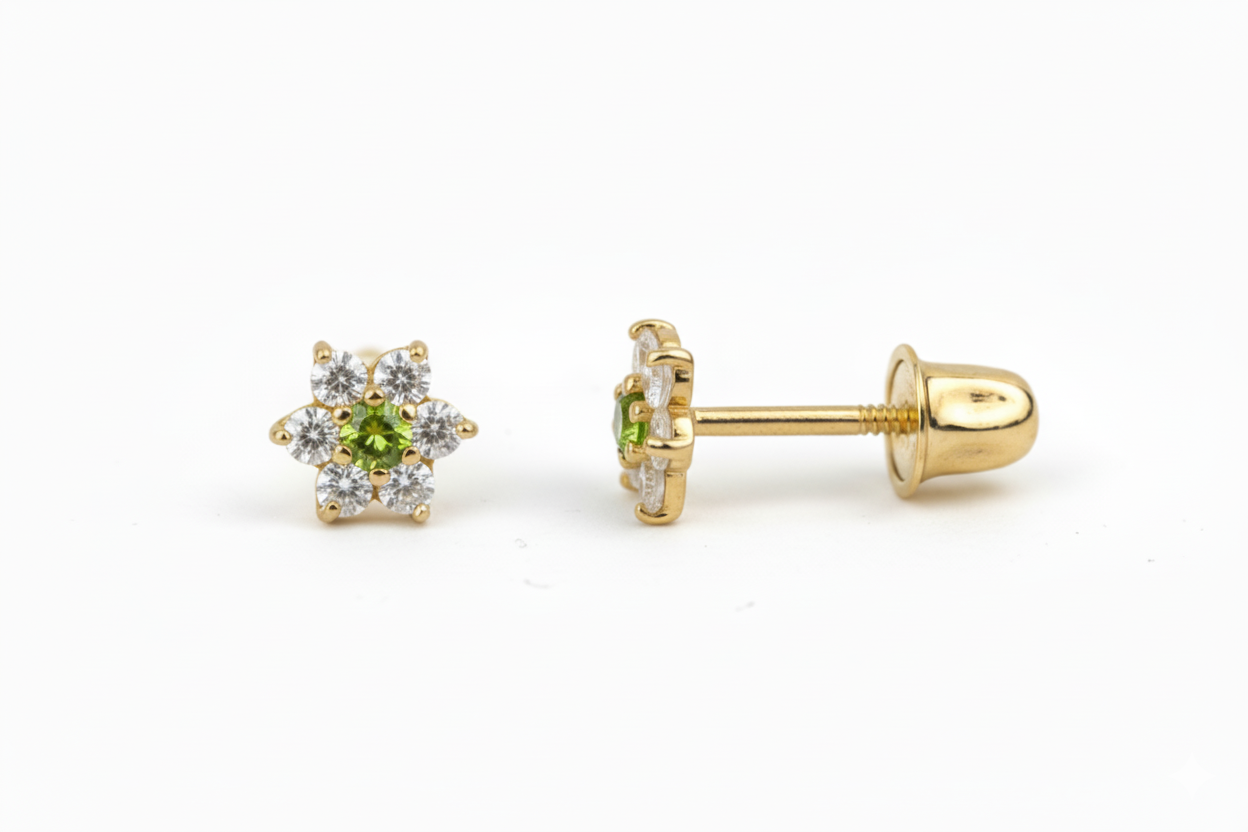14K Yellow Gold Classic Flower CZ  Stud Earrings for Women