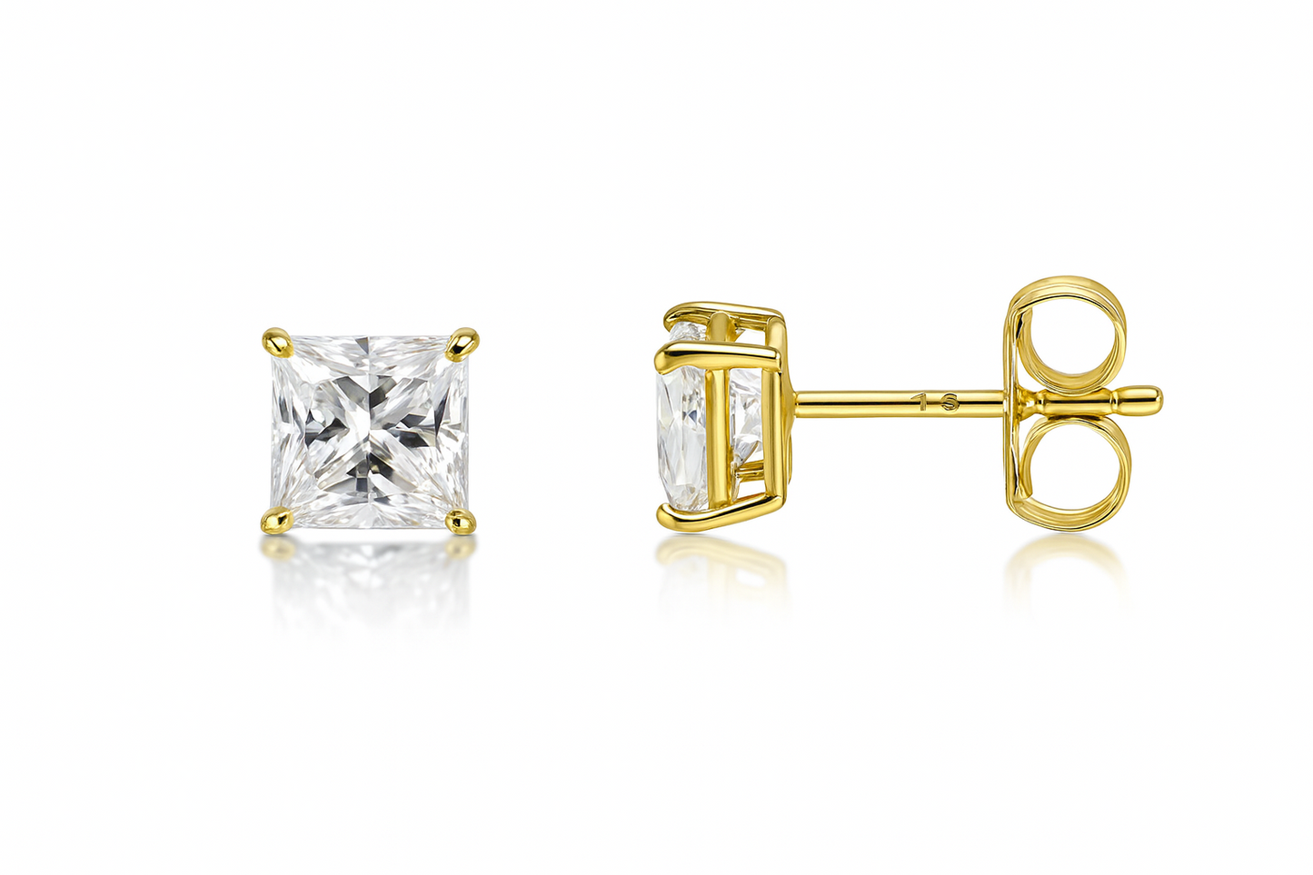 14k Heavy Basket Yellow Gold Square AAA Quality CZ Stud Earrings with Push Back