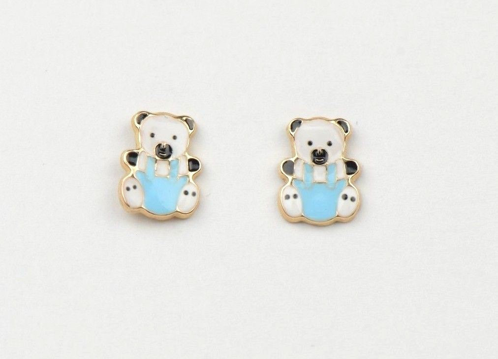 14k Yellow Gold Baby Enamel Panda Earrings, Screw Back