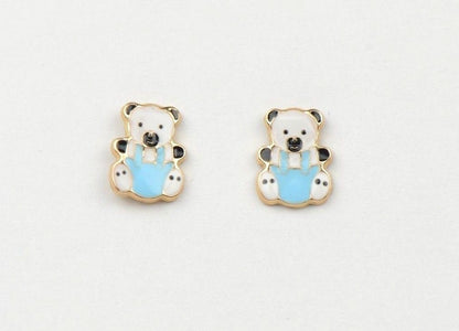 14k Yellow Gold Baby Enamel Panda Earrings, Screw Back