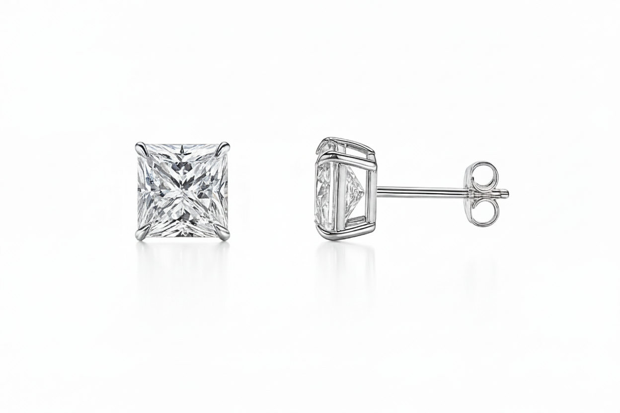 14k White Gold Solid Square Princess Cut Birthstone 6MM CZ Stud Earrings