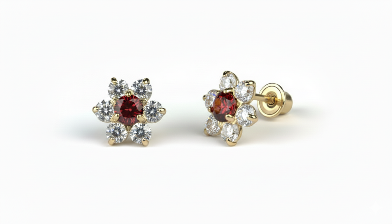 14K Yellow Gold Beautiful Flower CZ Stud Earrings for Women