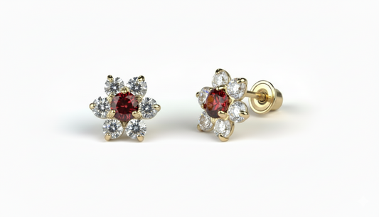 14K Yellow Gold Beautiful Flower CZ Stud Earrings for Women