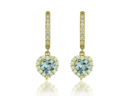 14k Yellow Gold Halo Heart Dangle Leverback Earrings