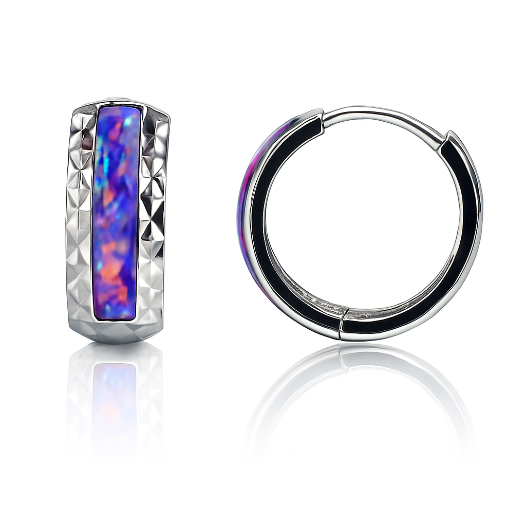 14k White Gold Purple Opal Huggie Hoop Earrings