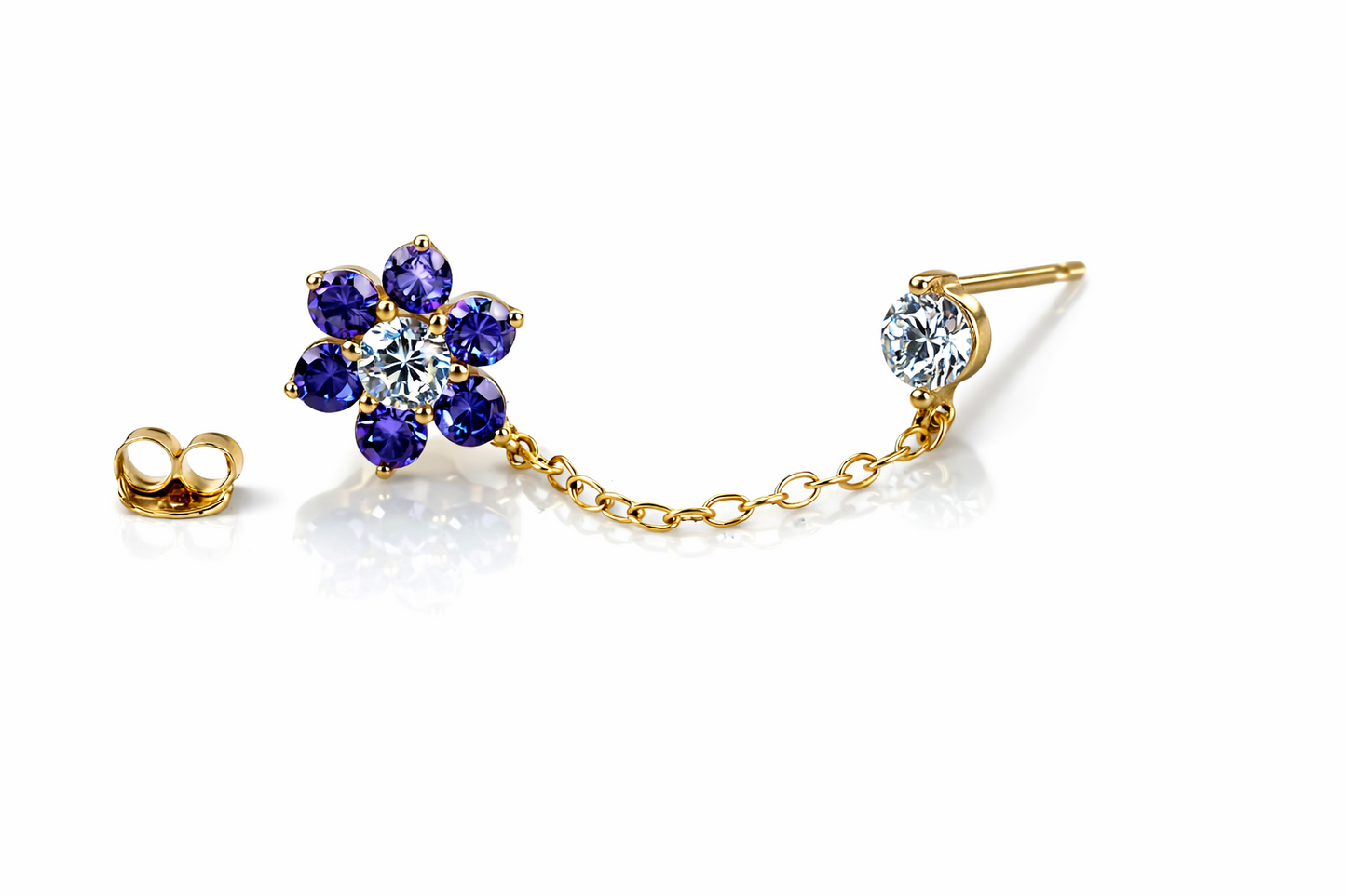 14k Yellow Gold Beautiful Flower CZ Stud Earrings with chain Push back for Women
