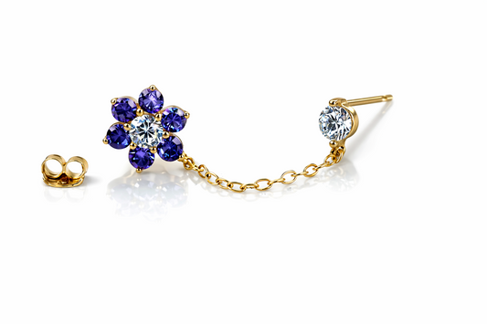 14k Yellow Gold Beautiful Flower CZ Stud Earrings with chain Push back for Women