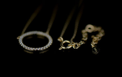 14K Yellow Gold CZ Circle Necklace Cable Chain