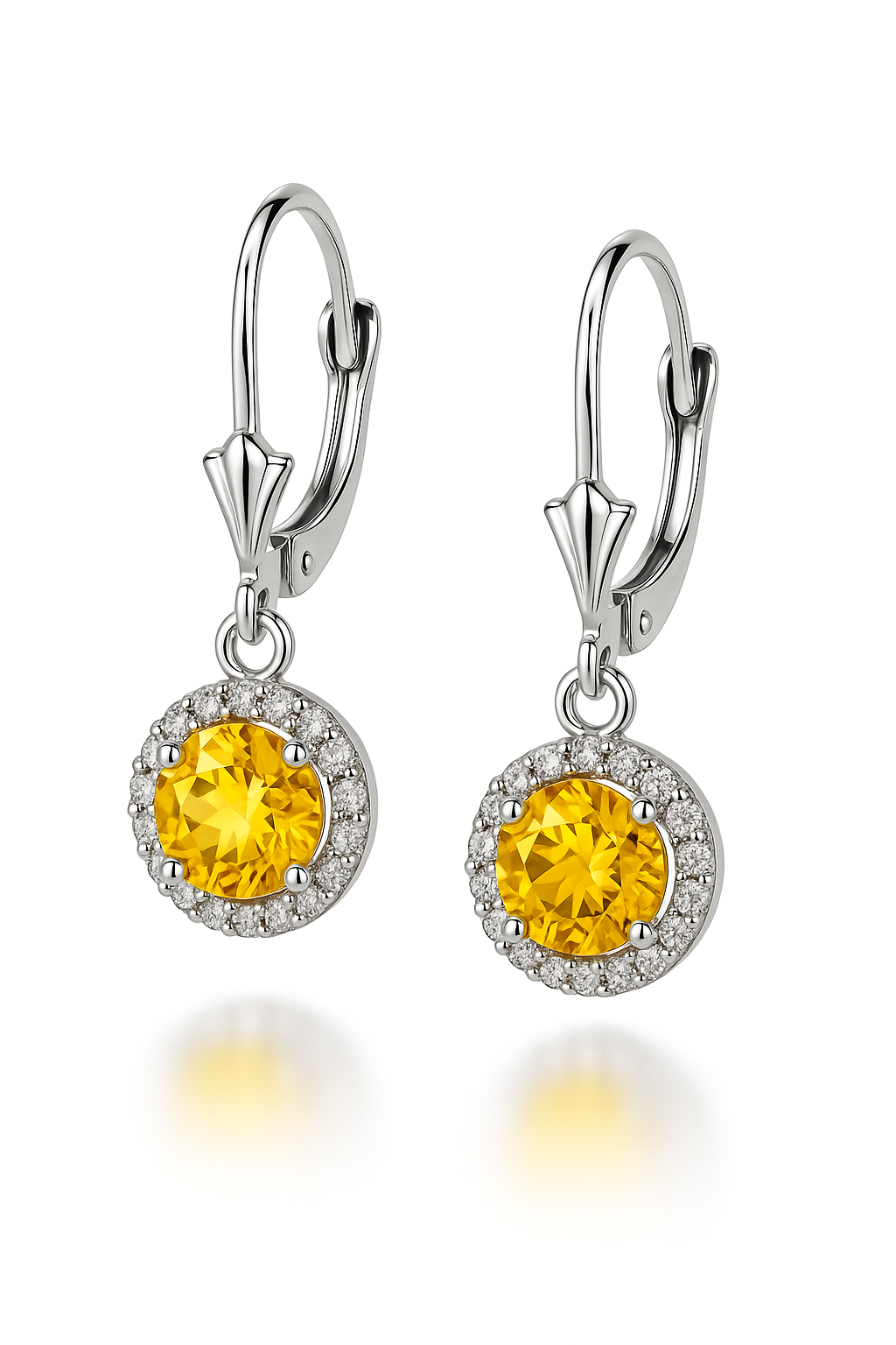 14k White Gold Halo Dangle Round Leverback Pierced Earrings Birthstone