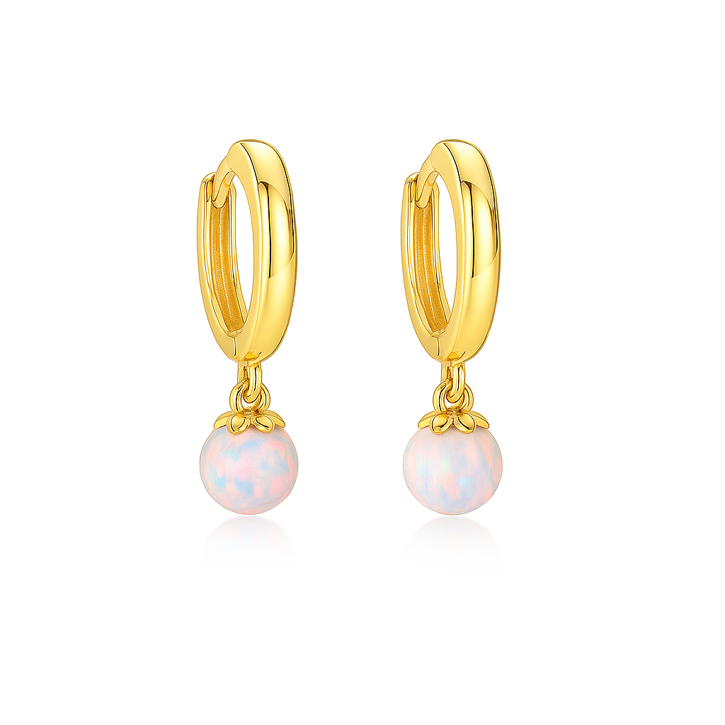 14k Yellow / White Gold White Opal Huggie Dangle Earrings