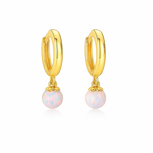 14k Yellow / White Gold White Opal Huggie Dangle Earrings