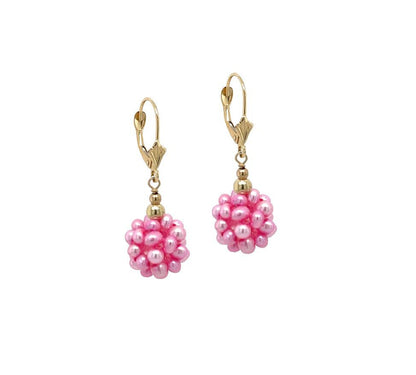 14k Yellow Gold Dangle Freshwater Pearl Cluster Leverback Earrings
