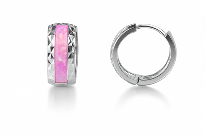14k White Gold Hot Pink Opal Huggie Hoop Earrings