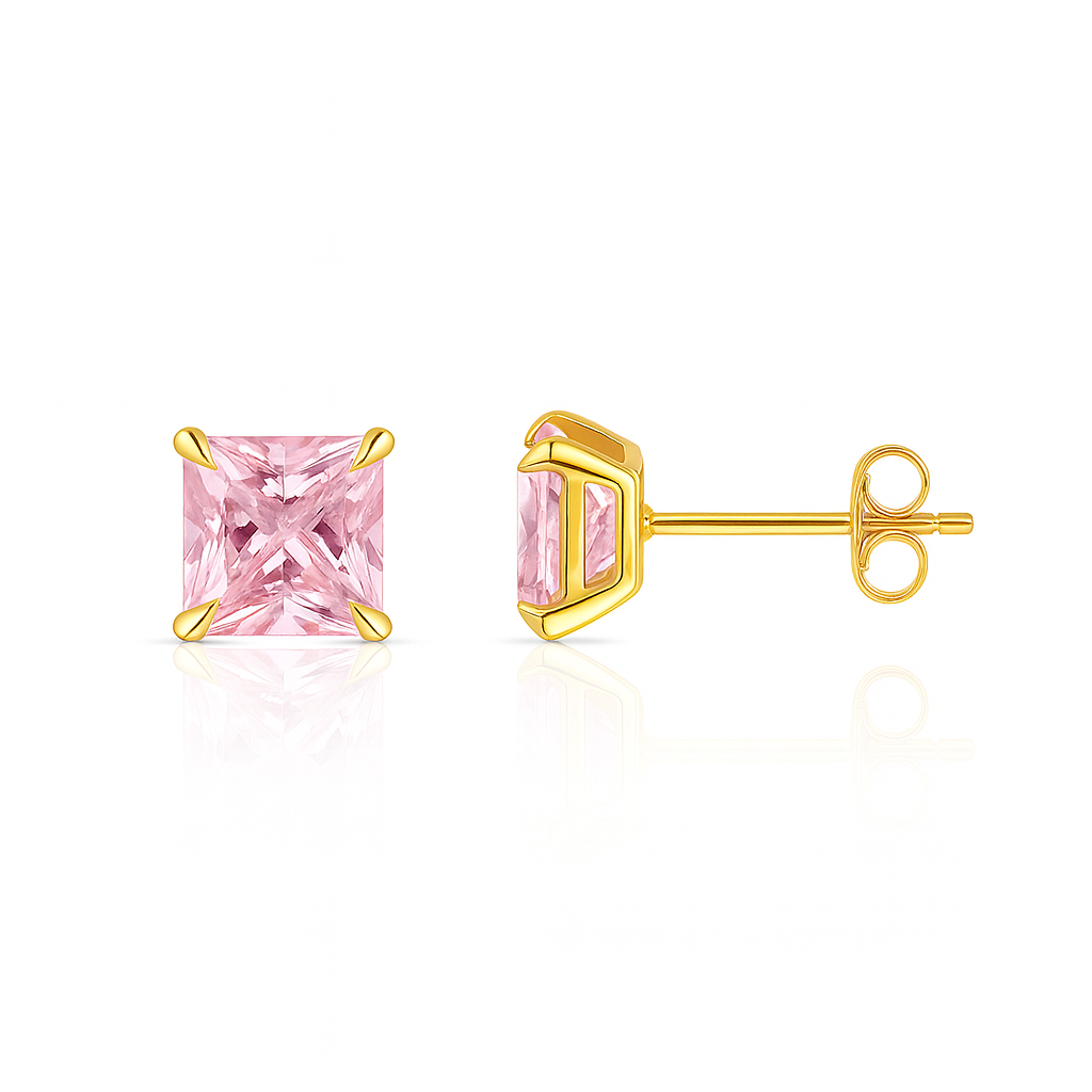 14k Yellow Gold Solid Square Princess Cut Birthstone 6MM CZ Stud Earrings