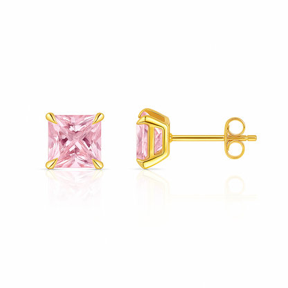 14k Yellow Gold Solid Square Princess Cut Birthstone 6MM CZ Stud Earrings