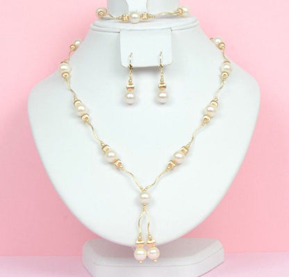 14k Yellow Gold Genuine White Pearls 3pcs Women Set:Necklace, Bracelet, Earrings