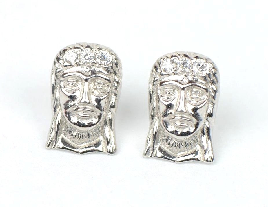 14k Yellow or White Gold Jesus Face CZ Stud Earrings