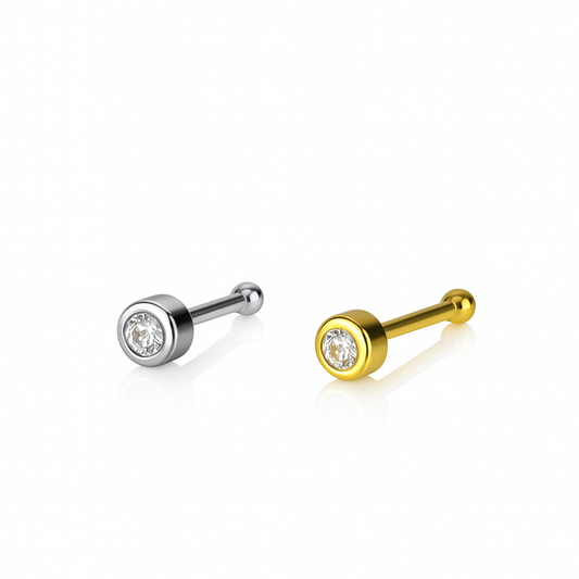 14k Yellow White Gold CZ Round Bezel Nose Piercing Stud