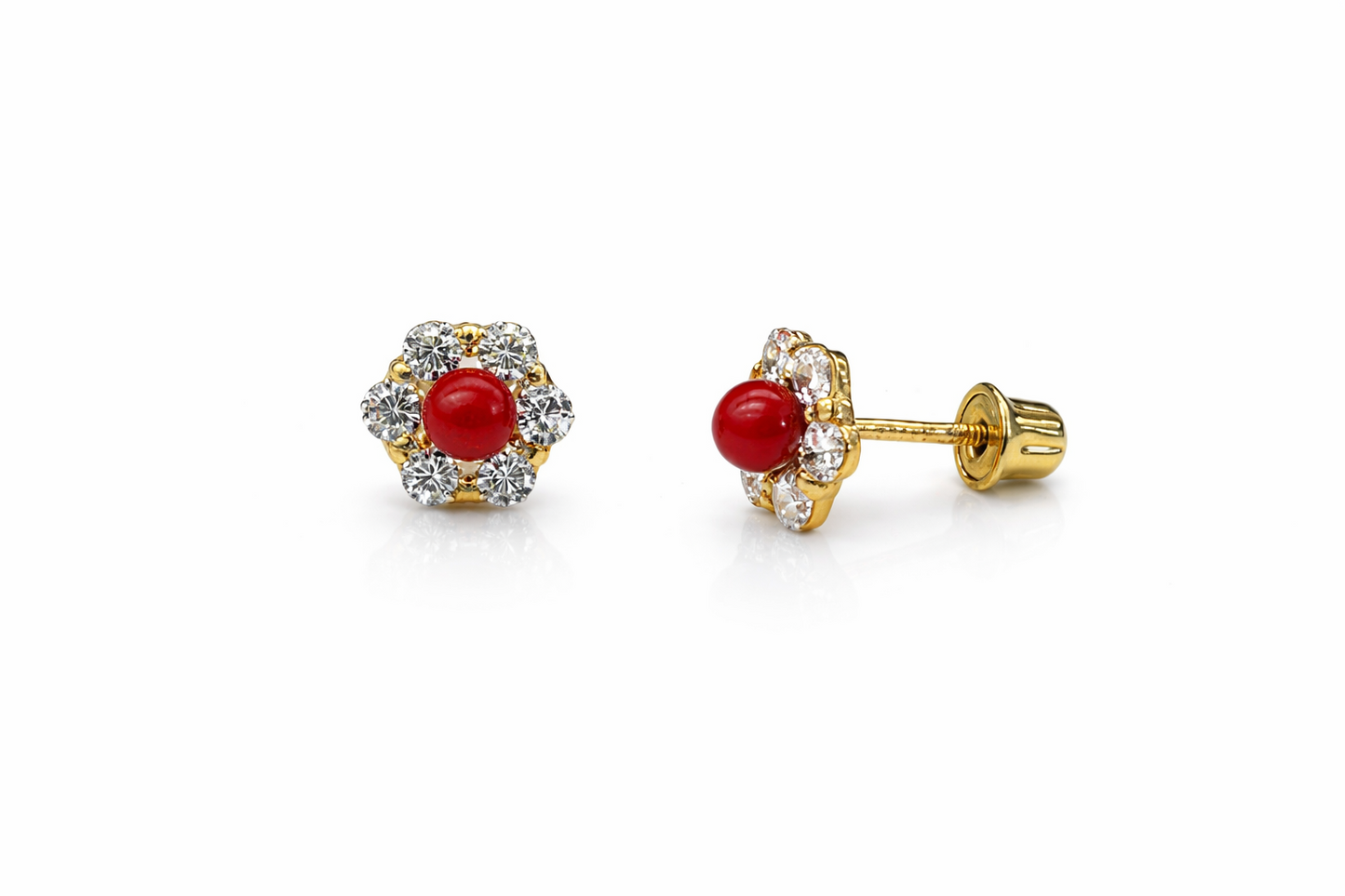 14k Yellow Gold Red Coral Stud Earrings/ Screw Back