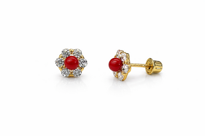 14k Yellow Gold Red Coral Stud Earrings/ Screw Back